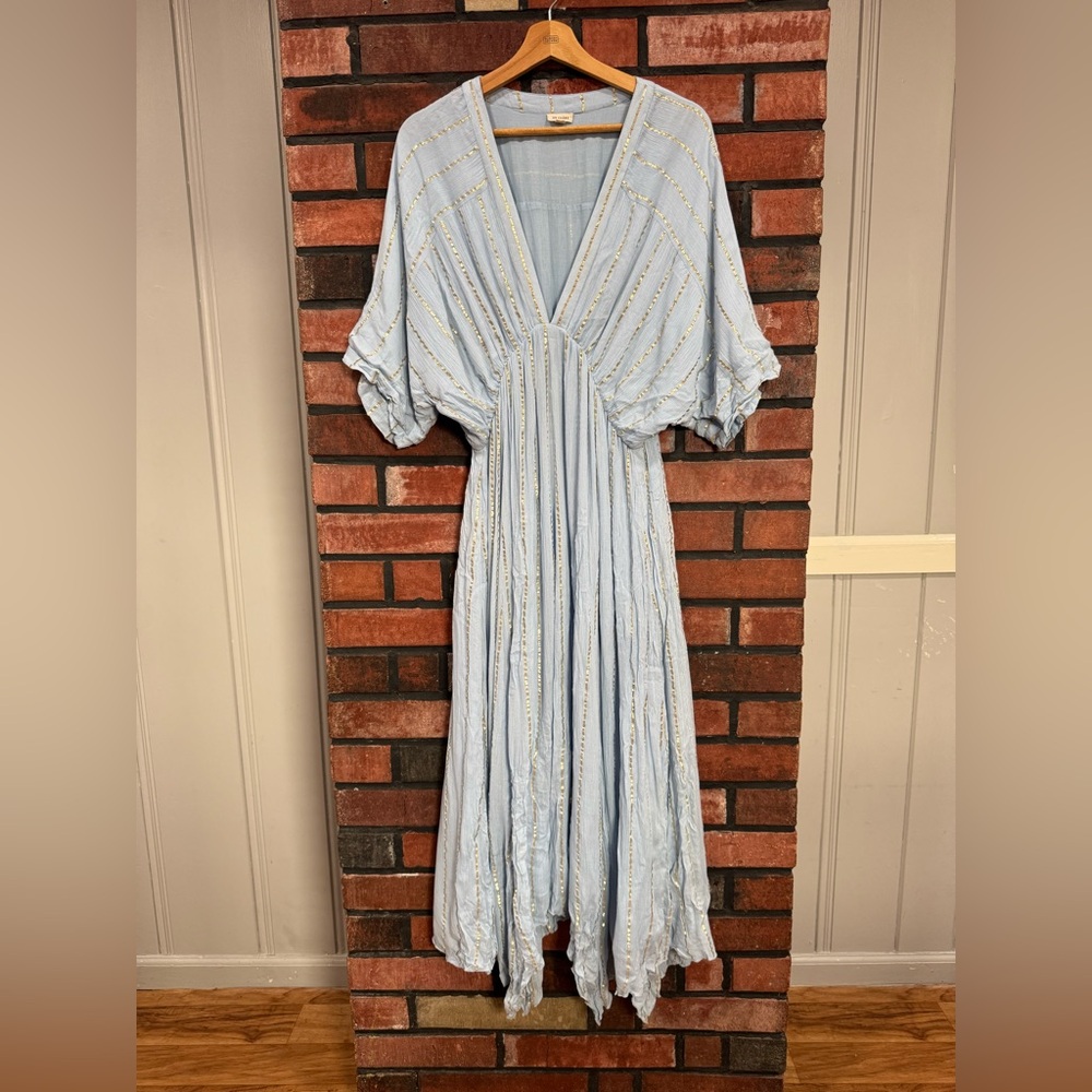 En Creme Light Blue Embroidered Long Sleeve Maxi Dress